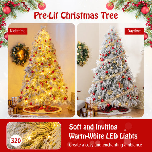 7 Feet Pre-Lit Snow Flocked Christmas Tree with Warm White LED Lights-7 ft