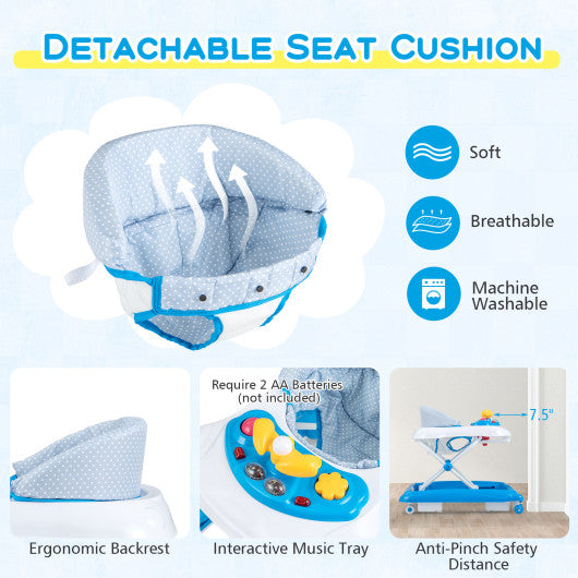 Foldable Baby Walker with 3 Adjustable Heights and Padded Seat-Blue