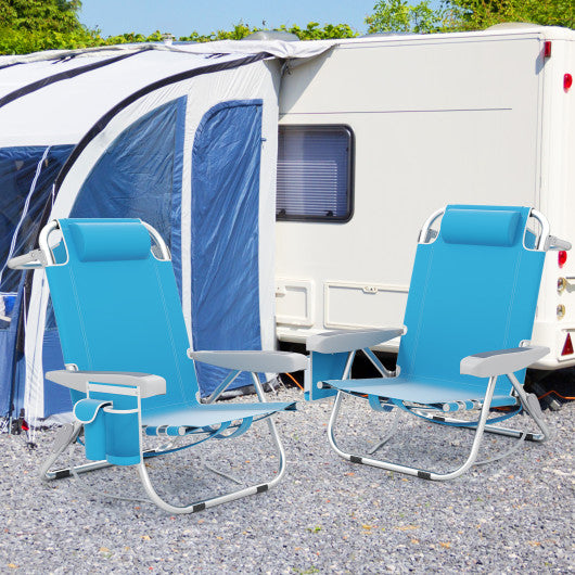 Foldable Backpack Beach Chair with Cup Holder and Storage Pockets Set of 2-Blue