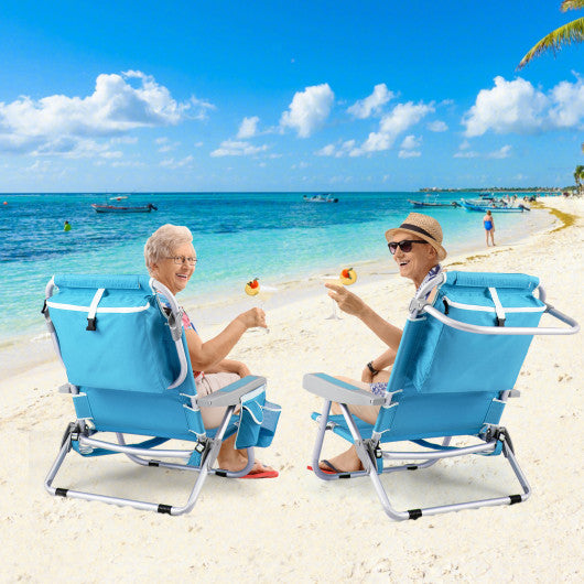 Foldable Backpack Beach Chair with Cup Holder and Storage Pockets Set of 2-Blue