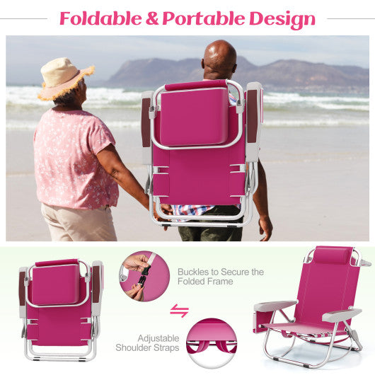 Foldable Backpack Beach Chair with Cup Holder and Storage Pockets Set of 2-Pink