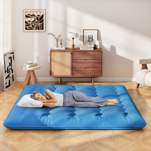 Foldable Futon Mattress with Washable Cover and Carry Bag for Camping Blue-King Size