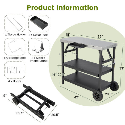 3 Tiers Foldable Outdoor Cart on 2 Wheels with Phone Holder-Black