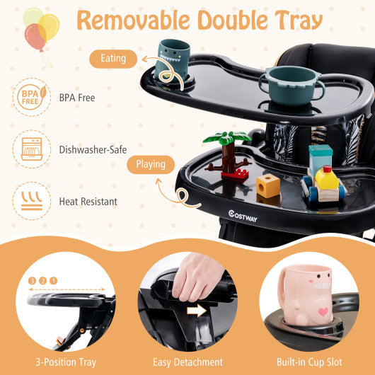 Folding Baby Dining High Chair with Adjustable Height and Recline-Black