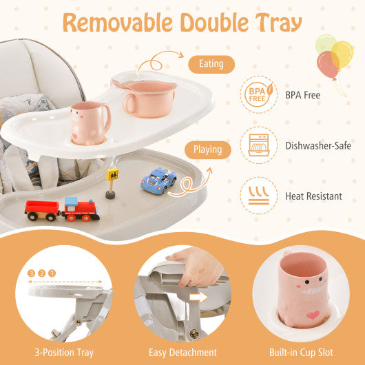 Folding Baby Dining High Chair with Adjustable Height and Recline-Gray