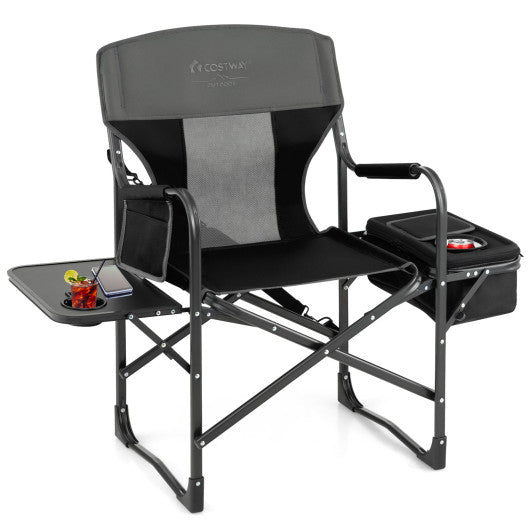 Folding Camping Directors Chair with Cooler Bag and Side Table-Black