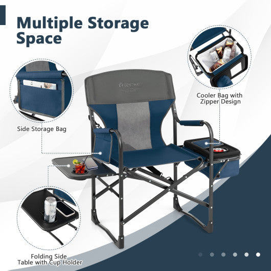 Folding Camping Directors Chair with Cooler Bag and Side Table-Blue