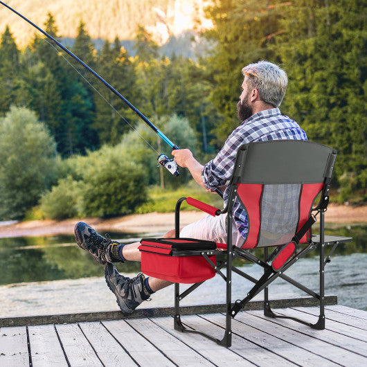 Folding Camping Directors Chair with Cooler Bag and Side Table-Red