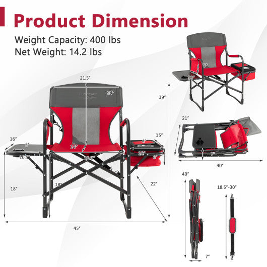 Folding Camping Directors Chair with Cooler Bag and Side Table-Red