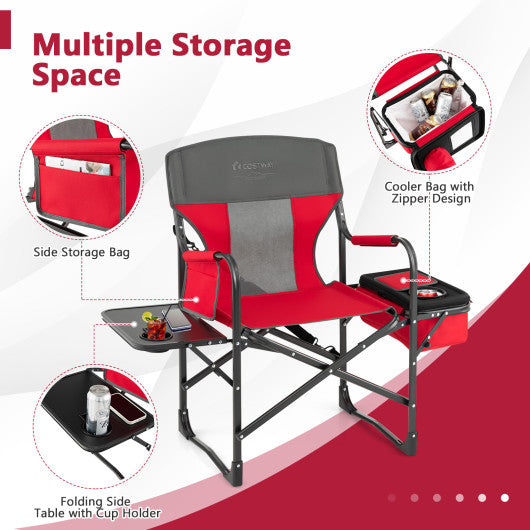 Folding Camping Directors Chair with Cooler Bag and Side Table-Red