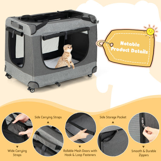 Portable Folding Dog Soft Crate Cat Carrier with 4 Lockable Wheels-XL