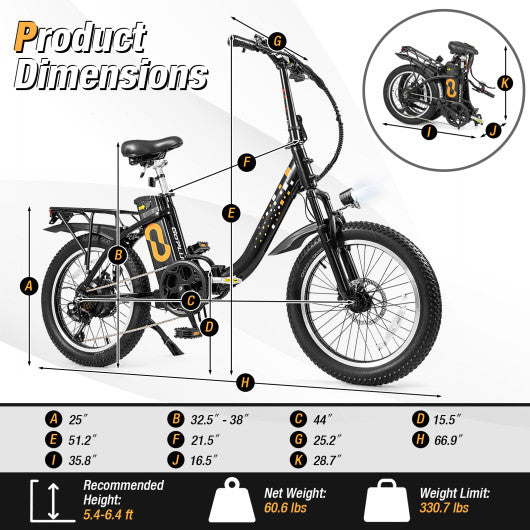 Folding Electric Bicycle for Adults with 20-Inch Fat Tires Snow E-Bike