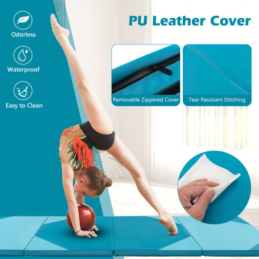 10 Feet x 4 Feet x 2 Inch Folding Exercise Mat with Hook and Loop Fasteners-Blue