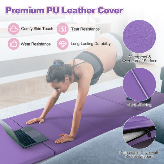 Folding Gymnastics Mat with Carry Handles and Sweatproof Detachable PU Leather Cover-Purple