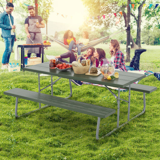 Folding Picnic Table Set with Metal Frame and All-Weather HDPE Tabletop  Umbrella Hole-Green