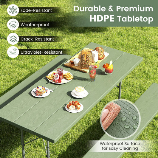 Folding Picnic Table Set with Metal Frame and All-Weather HDPE Tabletop  Umbrella Hole-Green