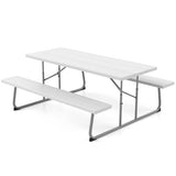 Folding Picnic Table Set with Metal Frame and All-Weather HDPE Tabletop  Umbrella Hole-White