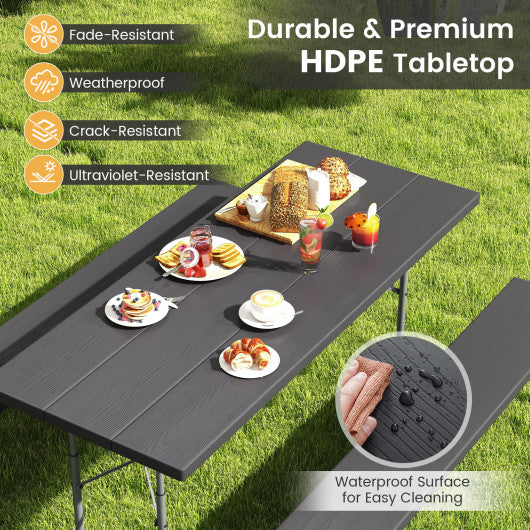 Folding Picnic Table Set with Metal Frame and All-Weather HDPE Tabletop  Umbrella Hole-Black