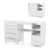 Folding Sewing Table with Charging Station and Storage Shelves-White