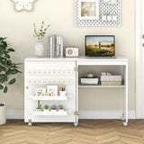 Folding Sewing Table with Storage Shelf and 5 Lockable Wheel-White