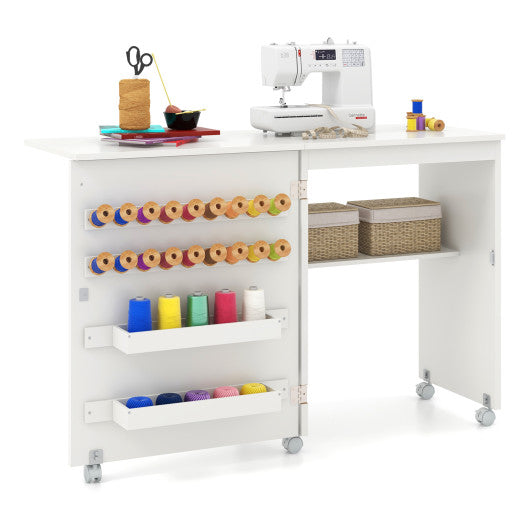 Folding Sewing Table with Storage Shelf and 5 Lockable Wheel-White