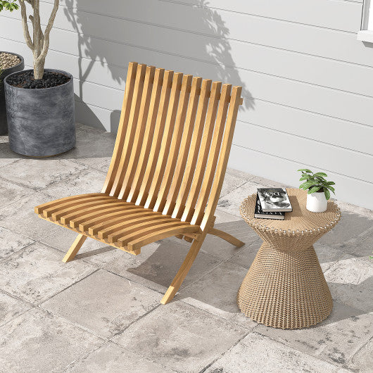 Folding Teak Wood Outdoor Lounge Chair with Slatted Seat and Backrest