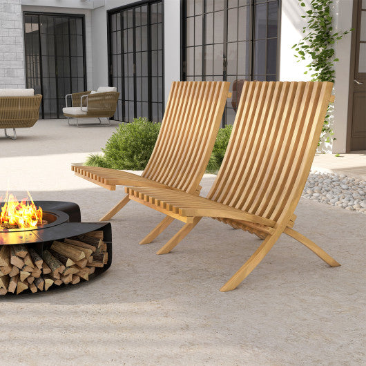 Folding Teak Wood Outdoor Lounge Chair with Slatted Seat and Backrest