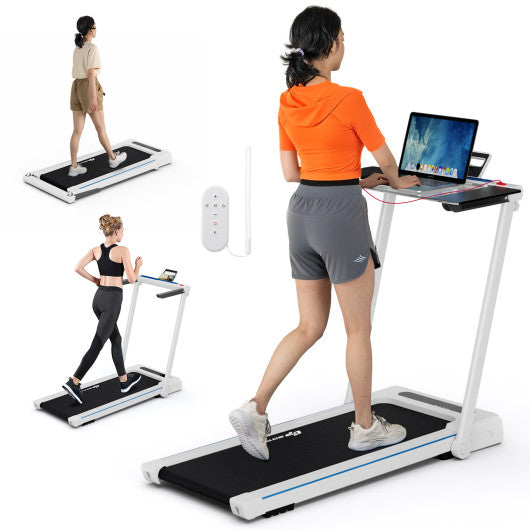 3-in-1 Folding Treadmill with Large Desk and LCD Display-White
