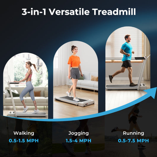 3-in-1 Folding Treadmill with Large Desk and LCD Display-White
