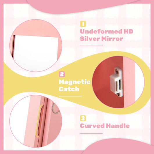 Free-Standing Full Length Kids Jewelry Armoire Cabinet with Storage Capacity-Pink