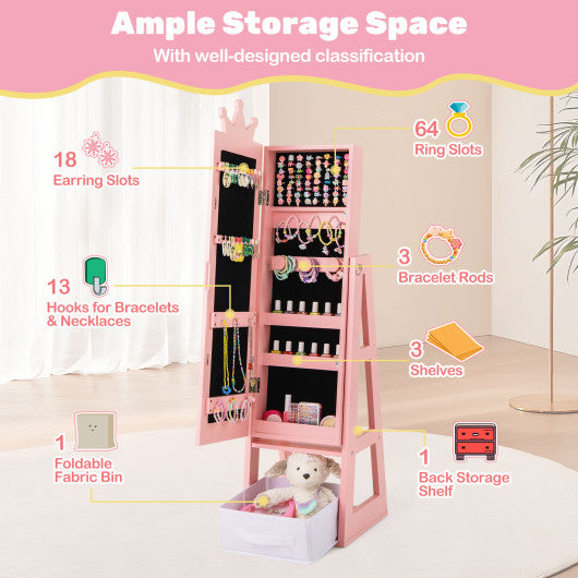 Free-Standing Full Length Kids Jewelry Armoire Cabinet with Storage Capacity-Pink