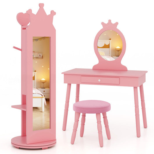 Free-Standing Full Length Mirror Kids Jewelry Armoire Cabinet-Pink