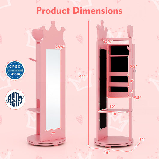 Free-Standing Full Length Mirror Kids Jewelry Armoire Cabinet-Pink