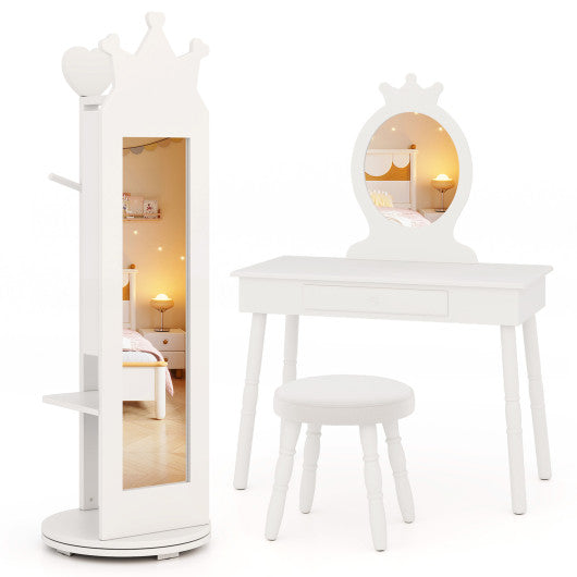 Free-Standing Full Length Mirror Kids Jewelry Armoire Cabinet-White