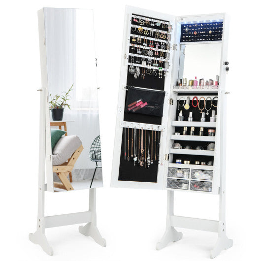 Free Standing Full Length Jewelry Armoire with LED Lights-White