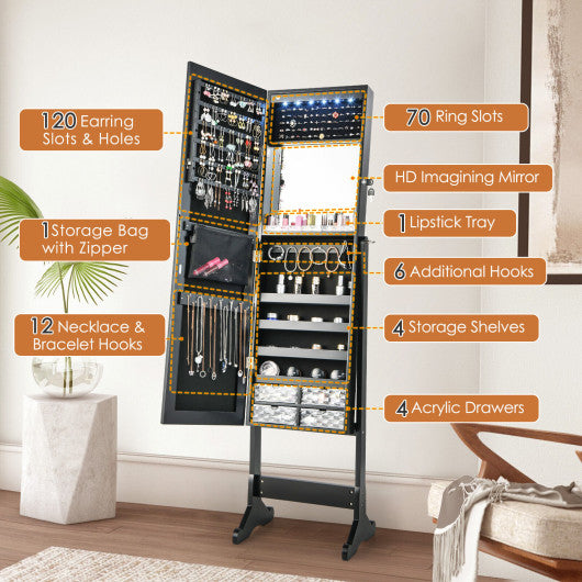 Free Standing Full Length Jewelry Armoire with Lights-Black