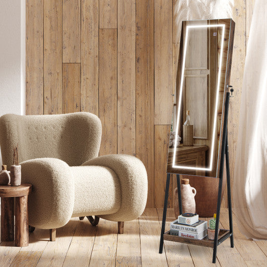 LED Standing Jewelry Mirror Cabinet with 3-Color Lighted Full-Length Mirror-Rustic Brown
