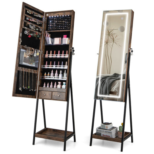 LED Standing Jewelry Mirror Cabinet with 3-Color Lighted Full-Length Mirror-Rustic Brown