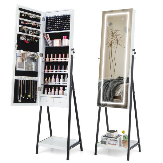 LED Standing Jewelry Mirror Cabinet with 3-Color Lighted Full-Length Mirror-White