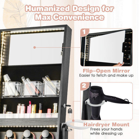 Freestanding Jewelry Cabinet with Full Length HD Mirror-Black