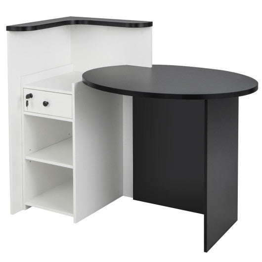 Front Reception Office Desk with Open Shelf and Lockable Drawer-Black & White