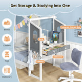 Twin/Full Bed Frame with House Roof Canopy and Fence for Kids-Full Size