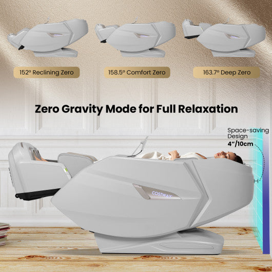 4D Dual Roller System Flexible Track Zero Gravity Full Body Massage Chair with Heart Rate Monitor and Health Detecti-White