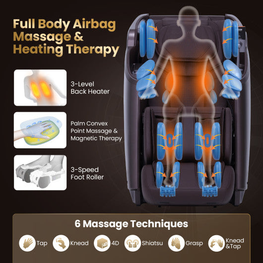 Full Body Zero Gravity Massage Recliner with Airbags and Foot Rollers-Brown