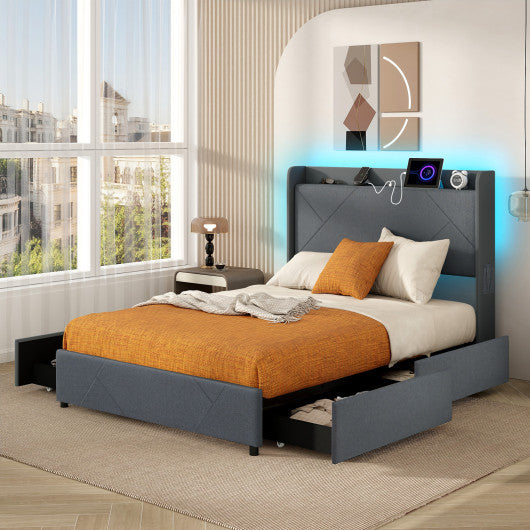 Full/Queen Size Bed Frame with LED Lights and Charging Station-Full Size