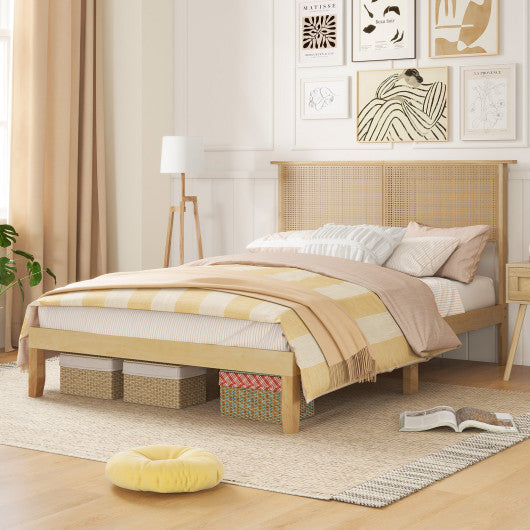 Twin/Full/Queen Size Bed Frame with Rattan Headboard-Full Size