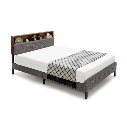 Full/Queen Size Upholstered Bed Frame with Storage Headboard-Full Size