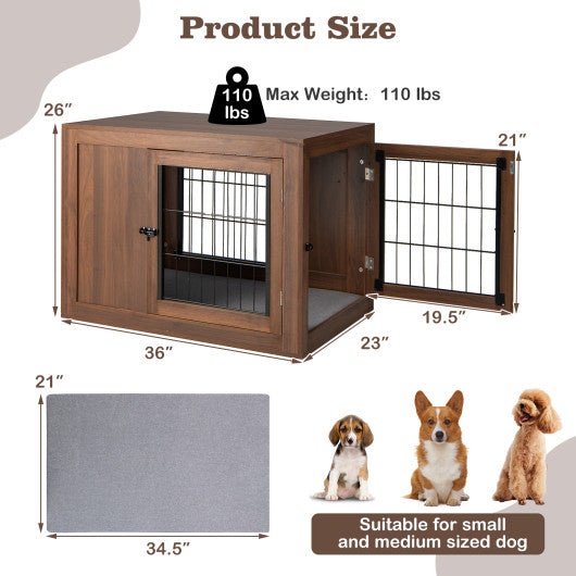 Furniture Dog Crate with Cushion and Double Doors-Walnut