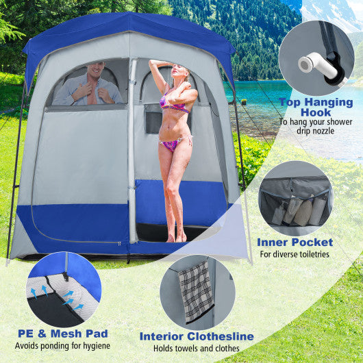 2 Rooms Oversize Privacy Shower Tent with Removable Rain Fly and Inside Pocket-Blue