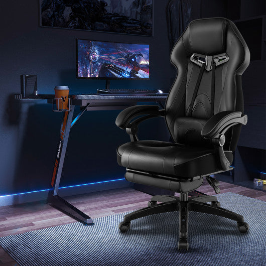 Gaming Chair Racing Style Swivel Chair with Footrest and Adjustable Lumbar Pillow-Black